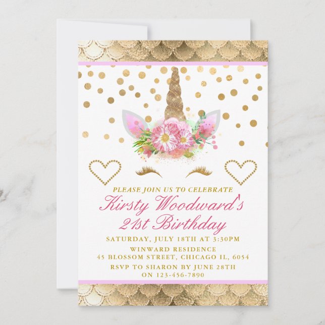 Invitación Cara de Unicornio Cumpleaños Fiesta Confeti Rosa D (Anverso)
