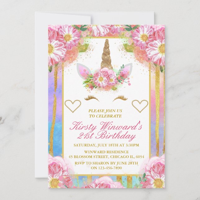 Invitación Cara de Unicornio Cumpleaños Rosa Dorado (Anverso)