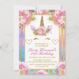 Invitación Cara de Unicornio Cumpleaños Rosa Dorado