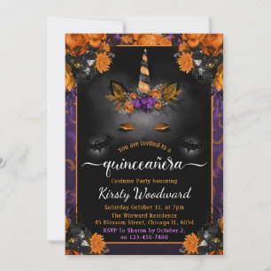 Invitación Cara de Unicornio Floral de Halloween para Quincea
