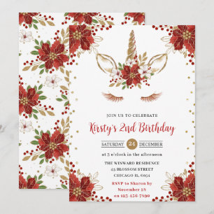 Invitación Cara de Unicornio Poinsettia Rojo y Dorado Cumplea