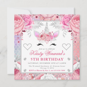 Invitación Cara de Unicornio Rosa Cumpleaños Niña