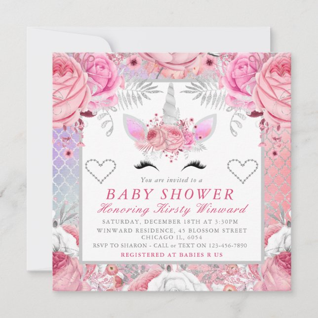 Invitación Cara de Unicornio Rosa Plateada Cumpleaños Bebé Cu (Anverso)