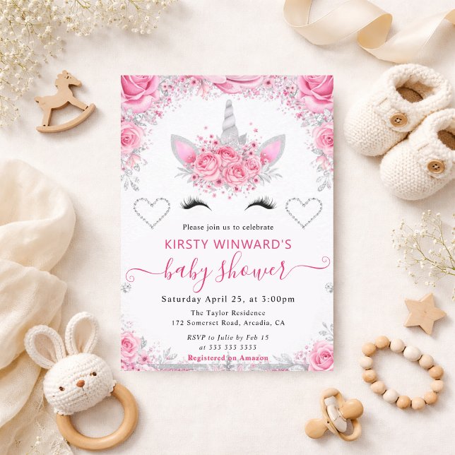 Invitación Cara de Unicornio Rosa Plateada Cumpleaños de Bebé (Subido por el creador)