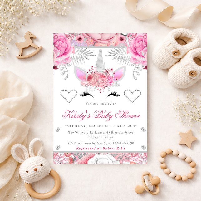 Invitación Cara de Unicornio Rosa Plateada Cumpleaños de Bebé (Subido por el creador)