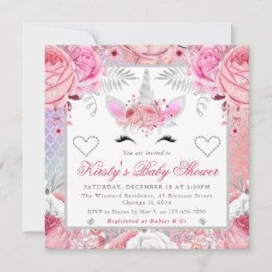 Invitación Cara de Unicornio Rosa Plateada Fiesta de Bebé