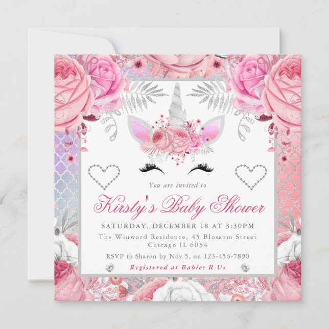 Invitación Cara de Unicornio Rosa Plateada Fiesta de Bebé (Anverso)