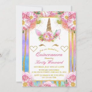 Invitación Cara de Unicornio Rosa Quinceañera Dorada