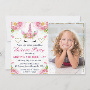 Invitación Cara de Unicornio y Flores de Acuarela Foto Cumple