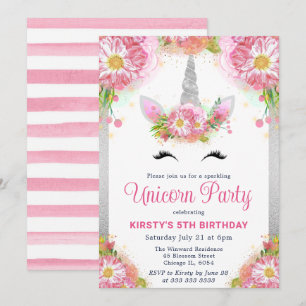 Invitación Cara de Unicornio y Flores Rosadas de Acuarela Cum