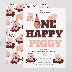 Invitación Cara Divertida de Un Cerdito Feliz Cumpleaños 1 Fo