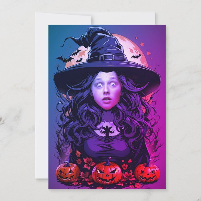 Invitación Cara en la bruja de Halloween (Anverso)