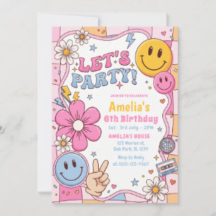 Invitación Cara Feliz Sonrisa Groovy Cuadros Fiesta de Cumple