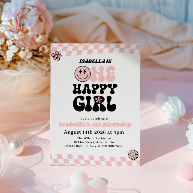 Invitación Cara sonriente rosa Cumpleaños niña 1 año (Subido por el creador)