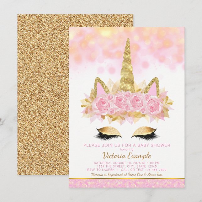 Invitación Cara Unicorn Baby Shower Pink Gold Unicorn (Anverso / Reverso)