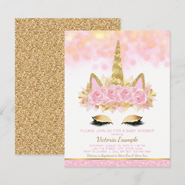 Invitación Cara Unicorn Baby Shower Pink Gold Unicorn (Anverso / Reverso)