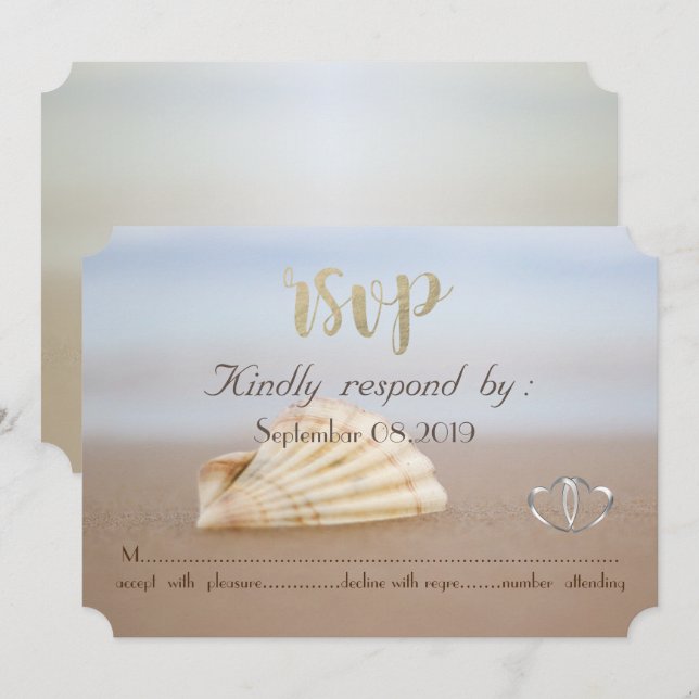 Invitación Caracola de playa, Corazones RSVP (Anverso / Reverso)