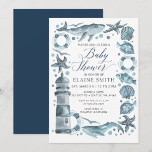 Invitación Caracoles Azules Océano Mar Baño de Bebé