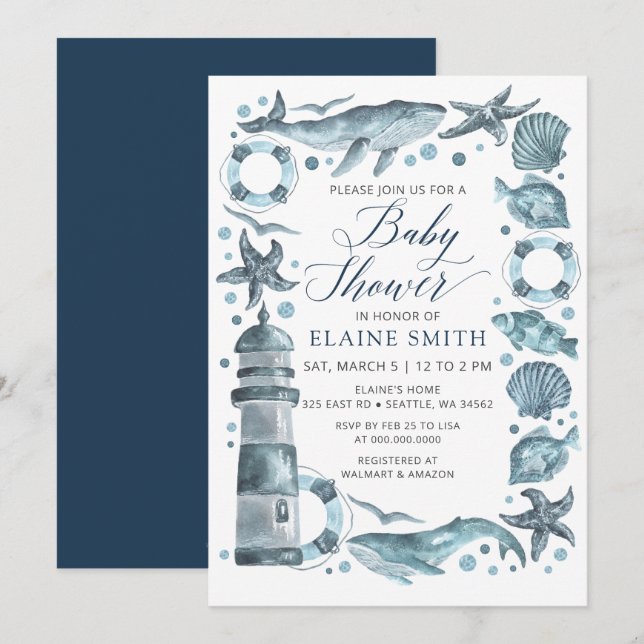 Invitación Caracoles Azules Océano Mar Baño de Bebé (Anverso / Reverso)