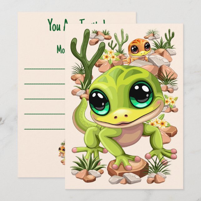Invitación Caracteres de dibujos animados de Baby Geckos Cute (Anverso / Reverso)