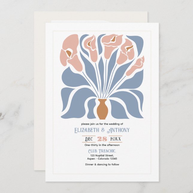 Invitación Caramel & Dusty Blue Abstract Floral Boho Wedding (Anverso / Reverso)