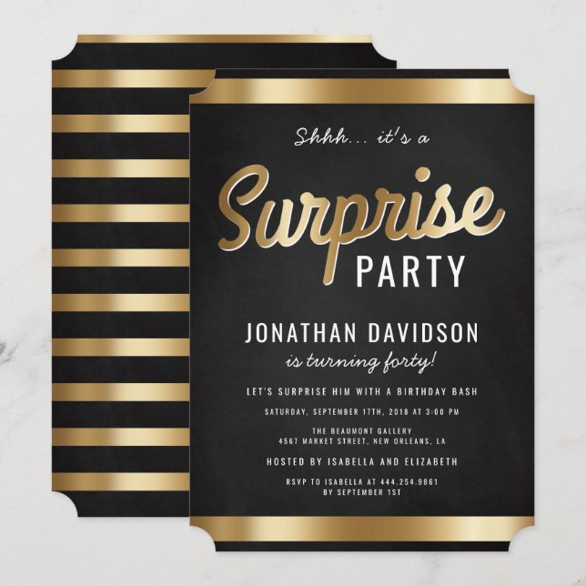 Invitación Caramel Gold y Black Surprise Birday Party (Anverso / Reverso)