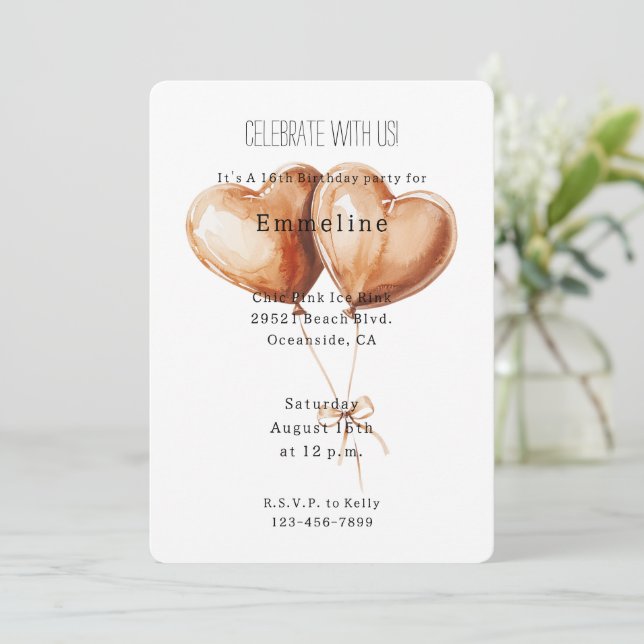 Invitación Caramel Heart Balloons Birthday (Anverso de pie)