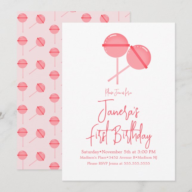 Invitación Caramelo de Piruleta Rosa Cumpleaños Primero (Anverso / Reverso)