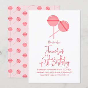 Invitación Caramelo de Piruleta Rosa Cumpleaños Primero