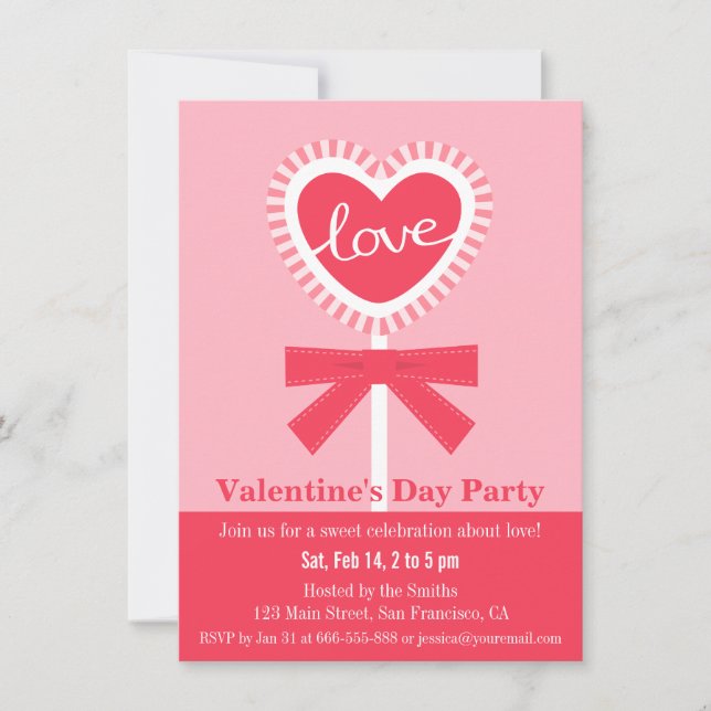 Invitación Caramelo En Forma De Corazón De Piruleta Elegante  (Anverso)