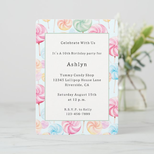 Invitación Caramelos Piruletas Cumpleaños Caprichoso (Anverso de pie)