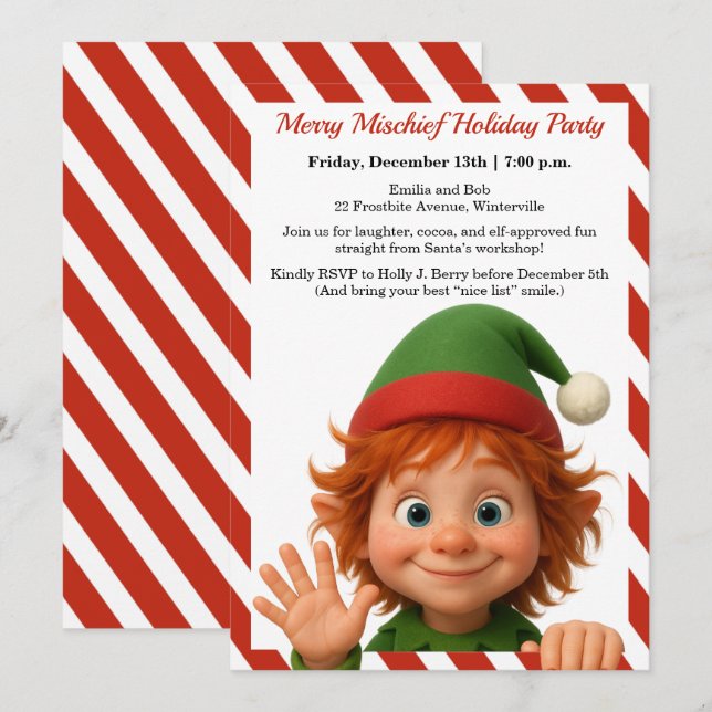 Invitación Caras Divertidas de Elfos | Fiesta de Navidad Dive (Anverso / Reverso)