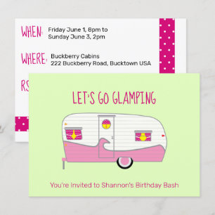 Invitación Caravana Enlatada de Jamón Rosa Retro para Glampin