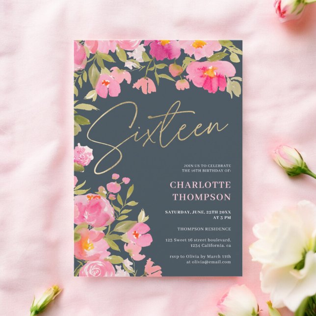 Invitación Carbón de carbón vegetal rosa pintado romántico du (Romantic Painted Pink Floral charcoal Sweet 16 Invitation)