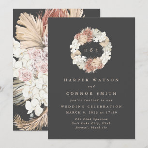 Invitación Carbón Monograma Wreath Pampas Flor Crema