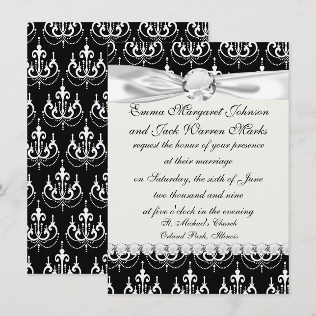 Invitación carcelero blanco sobre diseño de damasco negro mod (Anverso / Reverso)