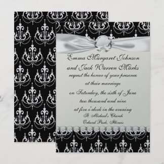 Invitación carcelero blanco sobre diseño de damasco negro mod