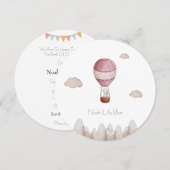 Invitación Card (Circle) - Birth Announcement Elephant (Anverso / Reverso)