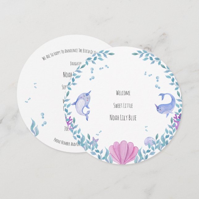 Invitación Card (Circle) - Birth Announcement Ocean (Anverso / Reverso)