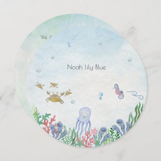 Invitación Card (Circle) - Birth Announcement Ocean (Anverso / Reverso)