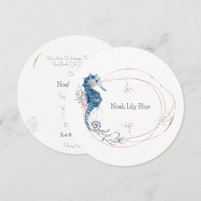 Invitación Card (Circle) - Birth Announcement Ocean Kaart (Anverso / Reverso)