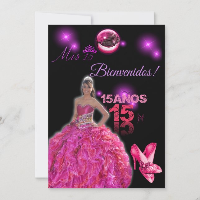 Invitación card of 15 black with fuxia bienvenidos (Anverso)
