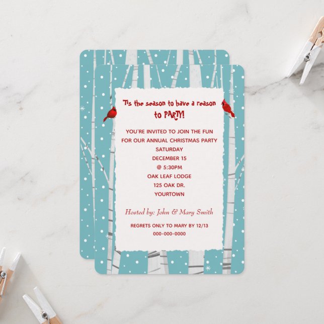 Invitación Cardenal de Navidades de Birch y Snowflakes (Anverso/Reverso In Situ)