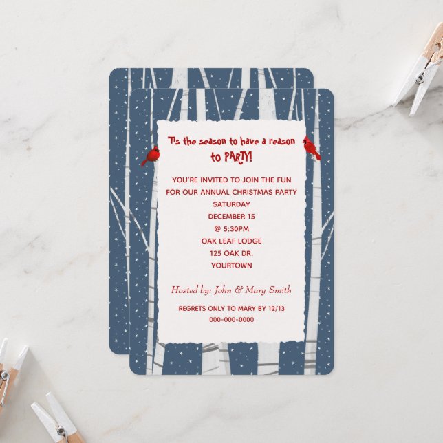 Invitación Cardenal de Navidades de Birch y Snowflakes (Anverso/Reverso In Situ)