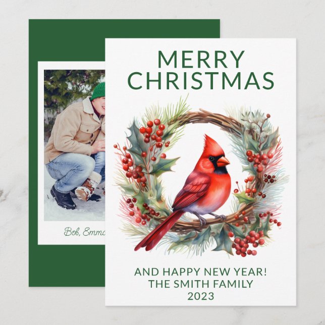 Invitación Cardenal fotográfico Wreath Green Holiday Card (Anverso / Reverso)