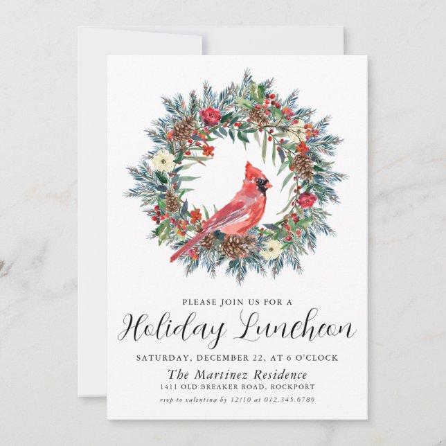 Invitación Cardenal rojo Wreath Holiday Luncheon (Anverso)