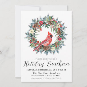 Invitación Cardenal rojo Wreath Holiday Luncheon