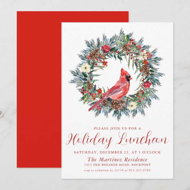 Invitación Cardenal rojo Wreath Holiday Luncheon (Anverso / Reverso)
