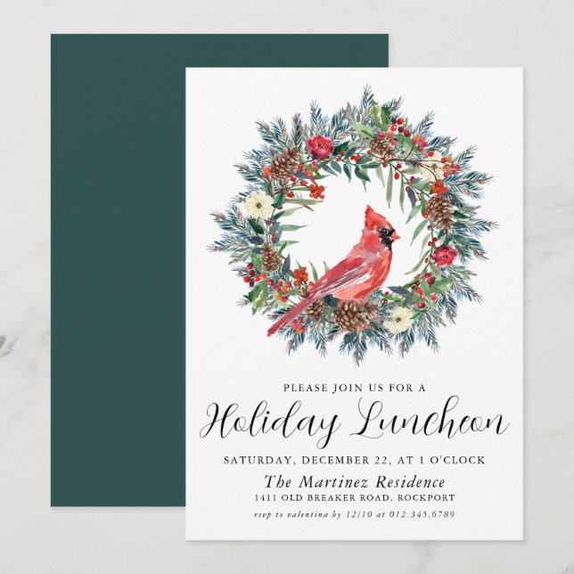 Invitación Cardenal rojo Wreath Holiday Luncheon (Anverso / Reverso)