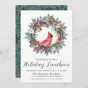 Invitación Cardenal rojo Wreath Holiday Luncheon